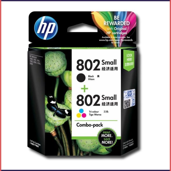 HP 802 2-pack Small Black/Tri-color Original Ink Cartridges, L0621AA