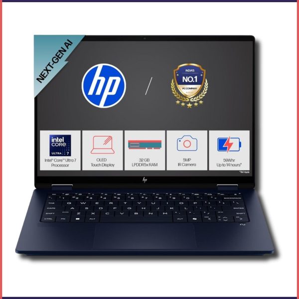 HP Envy X360 Convertible, Enhanced by AI, Intel 14th Gen Evo Core Ultra 7 155U, 14-inch (35.6 cm), 2.8K OLED, 400 nits, 32GB, 1TB SSD, Touch, 5MP IR Camera, (Win 11 Home+MSO, Blue,1.44 Kg), 9Z835PA